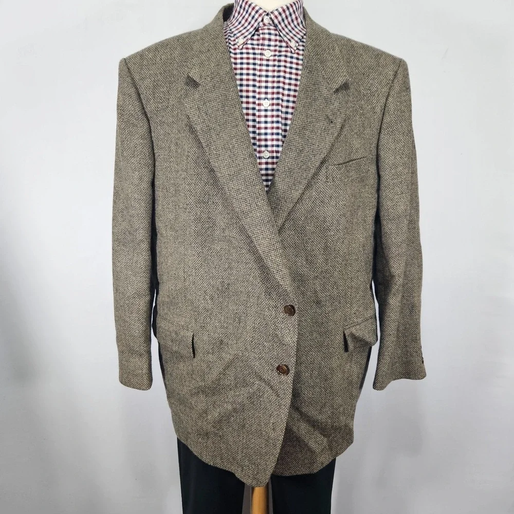 Men's Tweed Style Sport Coat Blazer Two Button Brown Wool Size 52R BIG